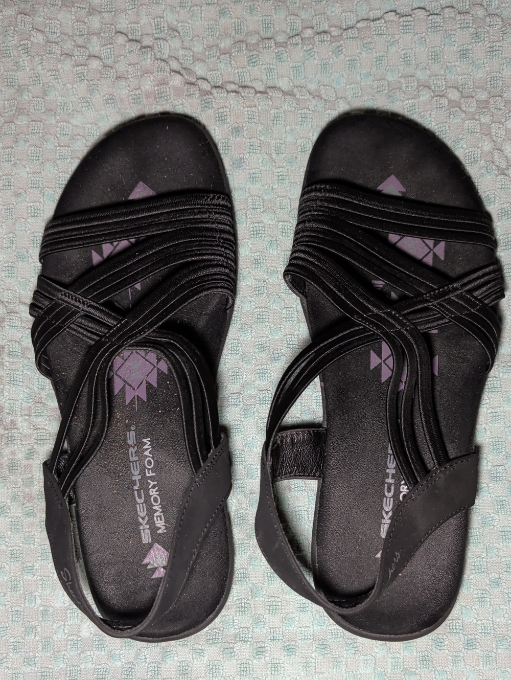 Skechers Black Strappy Memory Foam Sandals with Purple Inlay